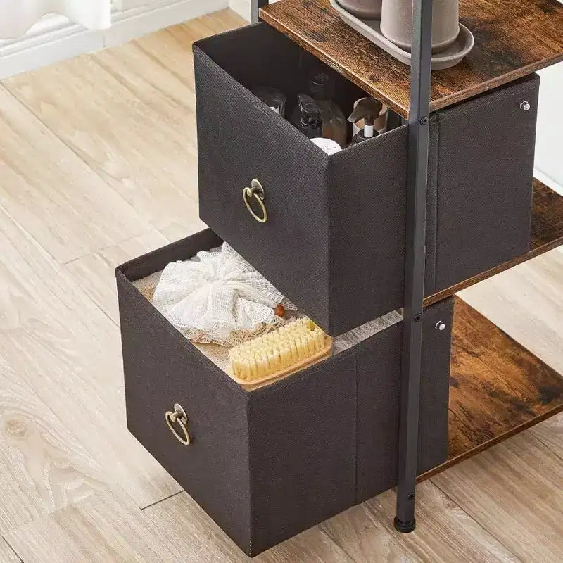 Meuble d'angle, étagère à 4 niveaux avec 2 tiroirs, meuble de rangement étroit, marron rustique et noir, meuble de rangement au sol pour salle de bain et salon