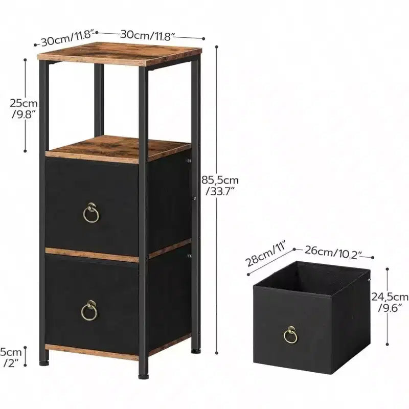 Meuble d'angle, étagère à 4 niveaux avec 2 tiroirs, meuble de rangement étroit, marron rustique et noir, meuble de rangement au sol pour salle de bain et salon