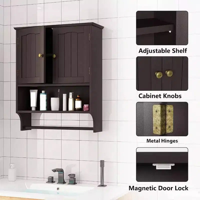 Armoire de salle de bain murale avec 2 portes et étagère réglable en bois, rangement au-dessus des toilettes, design moderne blanc, gain de place