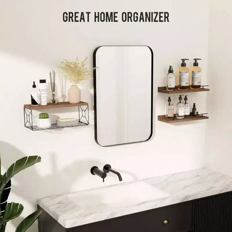 Étagères murales flottantes lot de 3 avec porte-papier toilette en métal, marron, pour salle de bain, chambre, salon, cuisine, bureau, décoration murale, étagère décorative