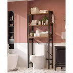 Meuble de rangement au-dessus des toilettes à 3 niveaux Étagère de salle de bain autoportante Gain de place Marron rustique avec 4 crochets