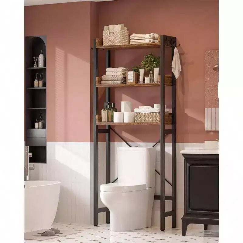 Meuble de rangement au-dessus des toilettes à 3 niveaux Étagère de salle de bain autoportante Gain de place Marron rustique avec 4 crochets