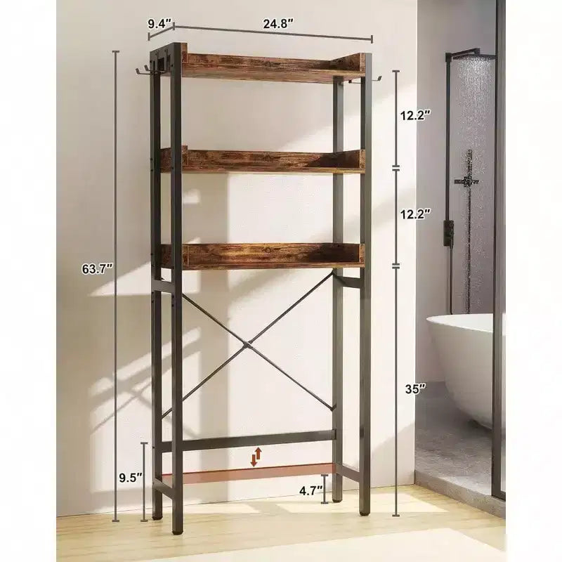Meuble de rangement au-dessus des toilettes à 3 niveaux Étagère de salle de bain autoportante Gain de place Marron rustique avec 4 crochets