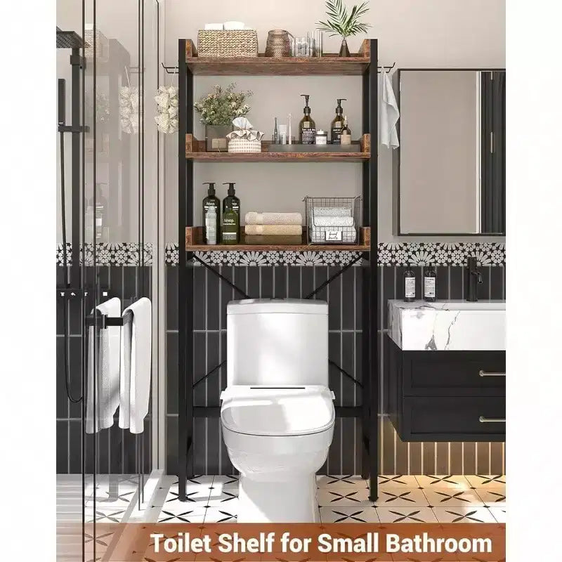 Meuble de rangement au-dessus des toilettes à 3 niveaux Étagère de salle de bain autoportante Gain de place Marron rustique avec 4 crochets