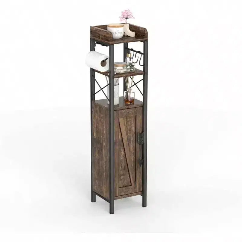 Slim Toilet Paper Holder Small Cabinet with Door 2 Shelves Fenced Top Bathroom Narrow Storage Organizer Rustic Brown