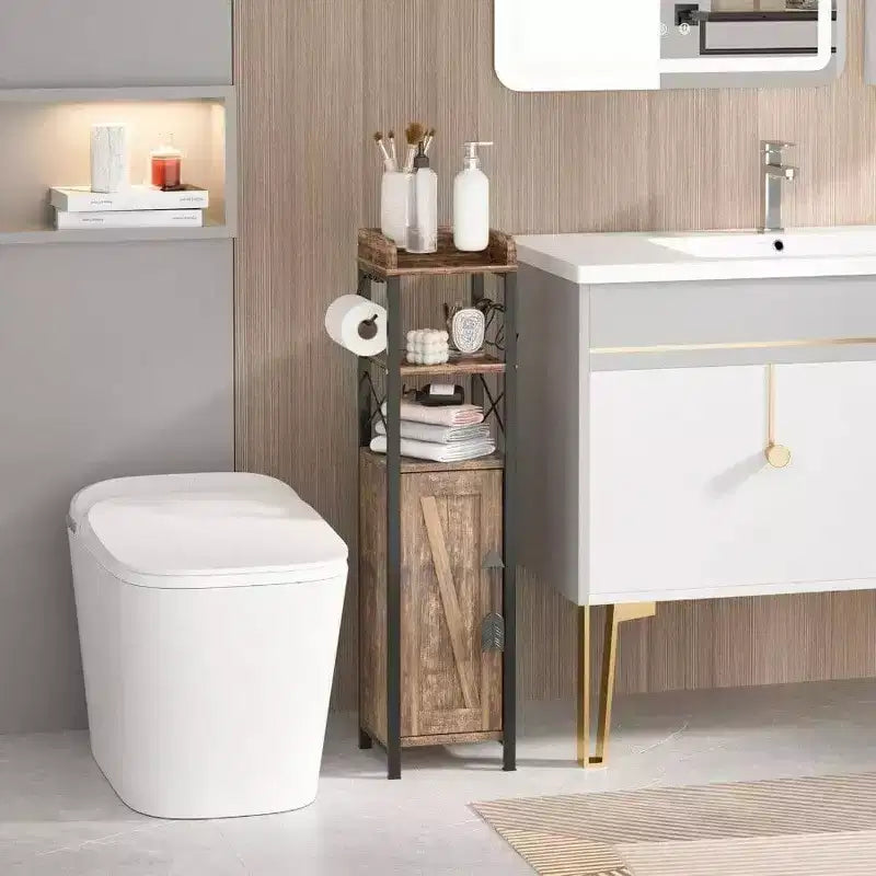 Meuble Fin Porte-papier Toilette avec Porte 2 Étagères Dessus Clôturé Rangement Étroit Salle de Bain Marron Rustique