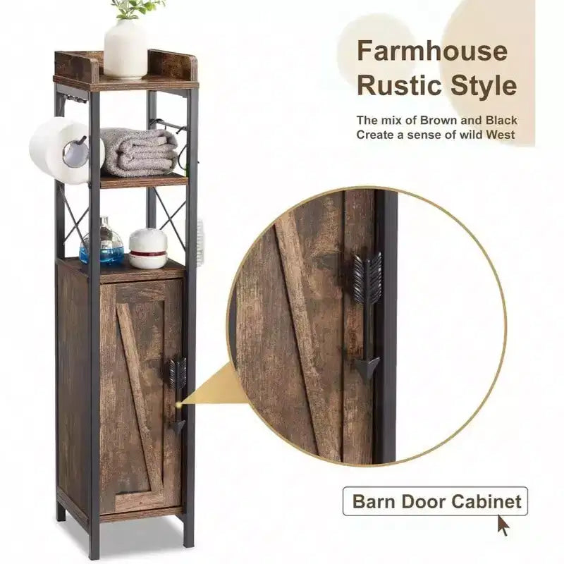 Meuble Fin Porte-papier Toilette avec Porte 2 Étagères Dessus Clôturé Rangement Étroit Salle de Bain Marron Rustique