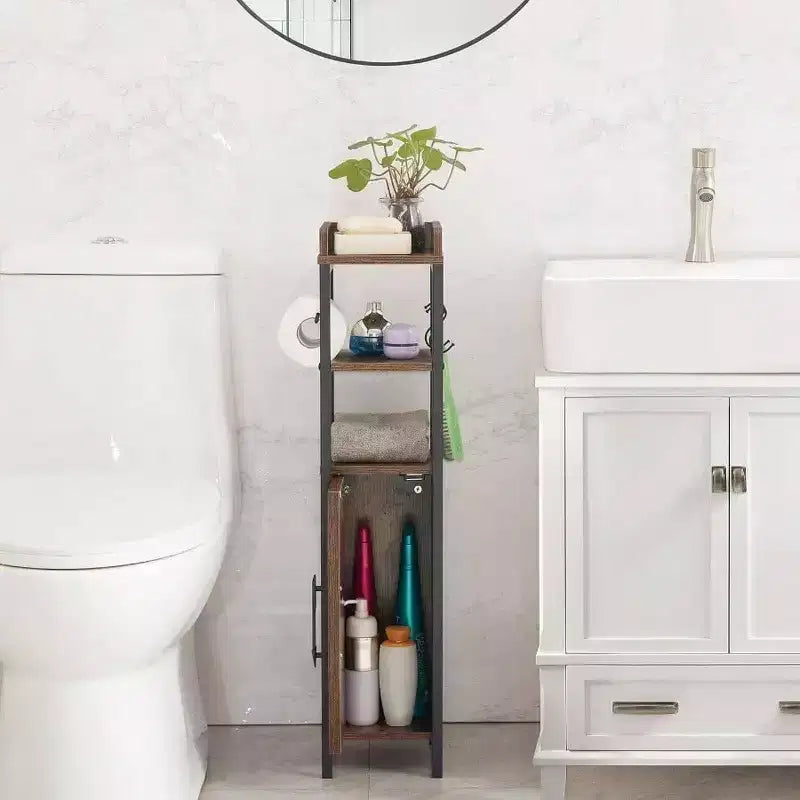 Meuble Fin Porte-papier Toilette avec Porte 2 Étagères Dessus Clôturé Rangement Étroit Salle de Bain Marron Rustique