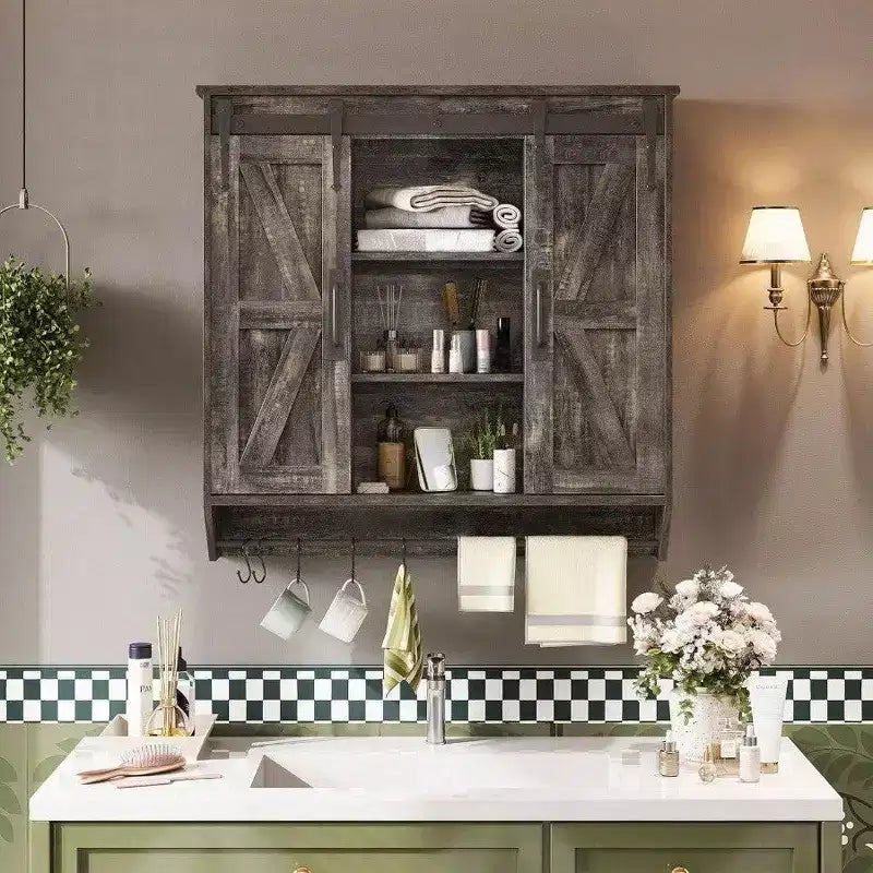 Meuble bas de ferme 2 portes coulissantes type grange 3 niveaux en bois rustique Armoire de rangement murale Étagère réglable Barre porte-serviettes Fixation murale Salle de bain