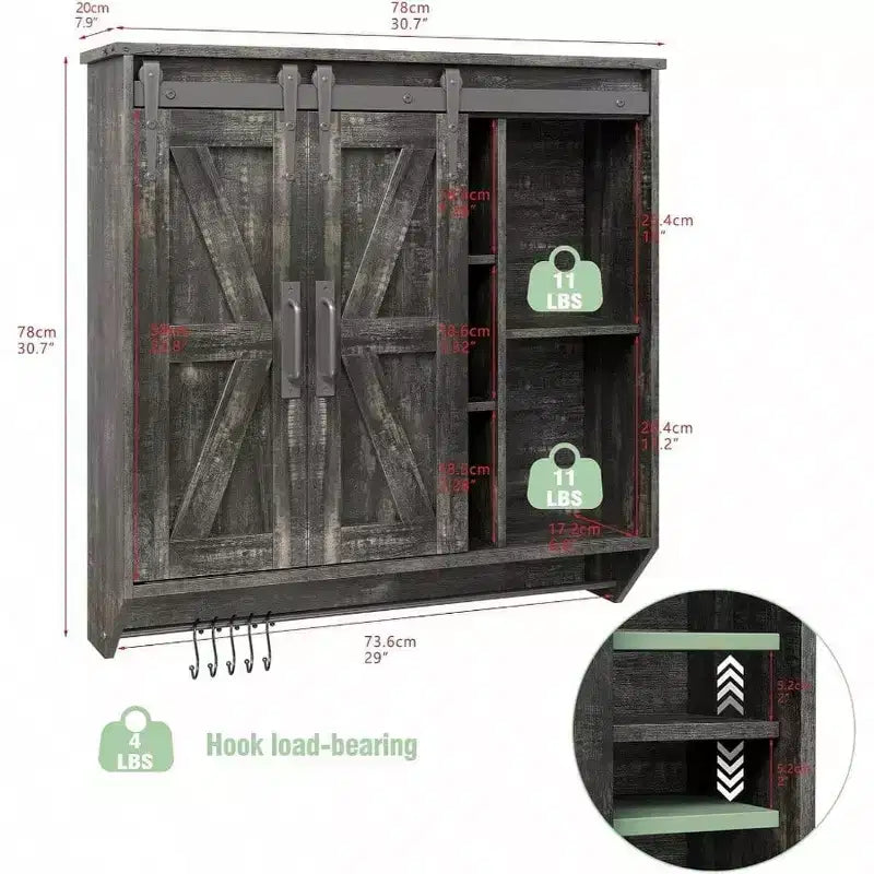 Meuble bas de ferme 2 portes coulissantes type grange 3 niveaux en bois rustique Armoire de rangement murale Étagère réglable Barre porte-serviettes Fixation murale Salle de bain