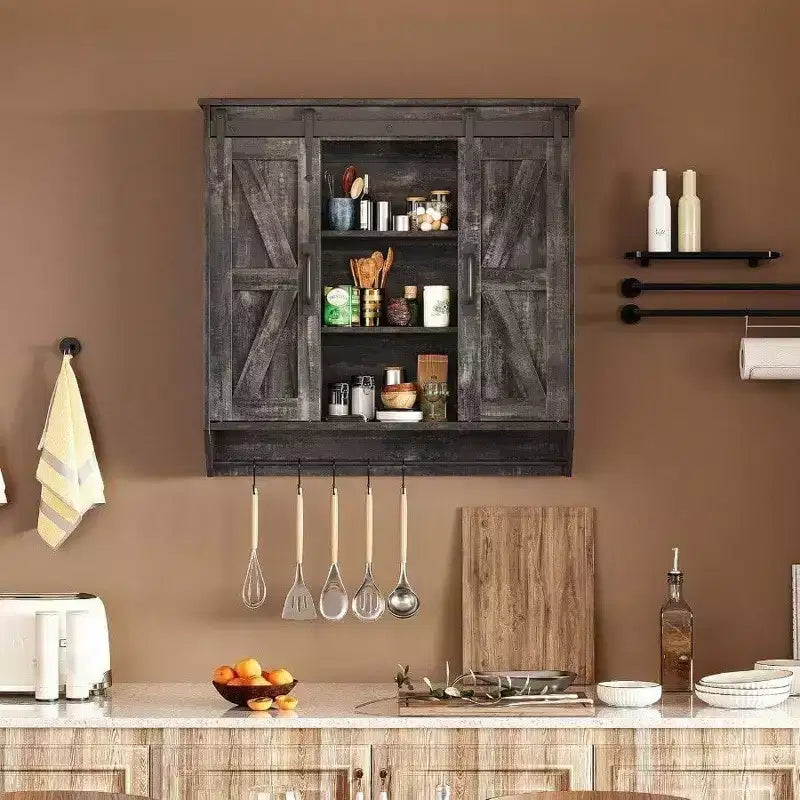 Meuble bas de ferme 2 portes coulissantes type grange 3 niveaux en bois rustique Armoire de rangement murale Étagère réglable Barre porte-serviettes Fixation murale Salle de bain