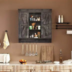 Meuble bas de ferme 2 portes coulissantes type grange 3 niveaux en bois rustique Armoire de rangement murale Étagère réglable Barre porte-serviettes Fixation murale Salle de bain