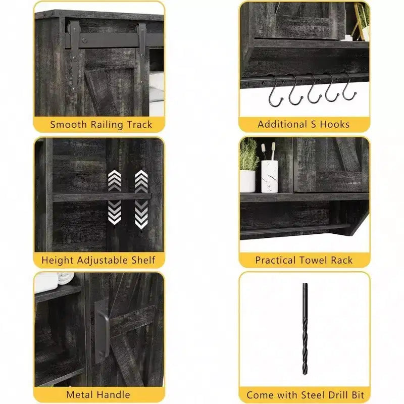Meuble bas de ferme 2 portes coulissantes type grange 3 niveaux en bois rustique Armoire de rangement murale Étagère réglable Barre porte-serviettes Fixation murale Salle de bain