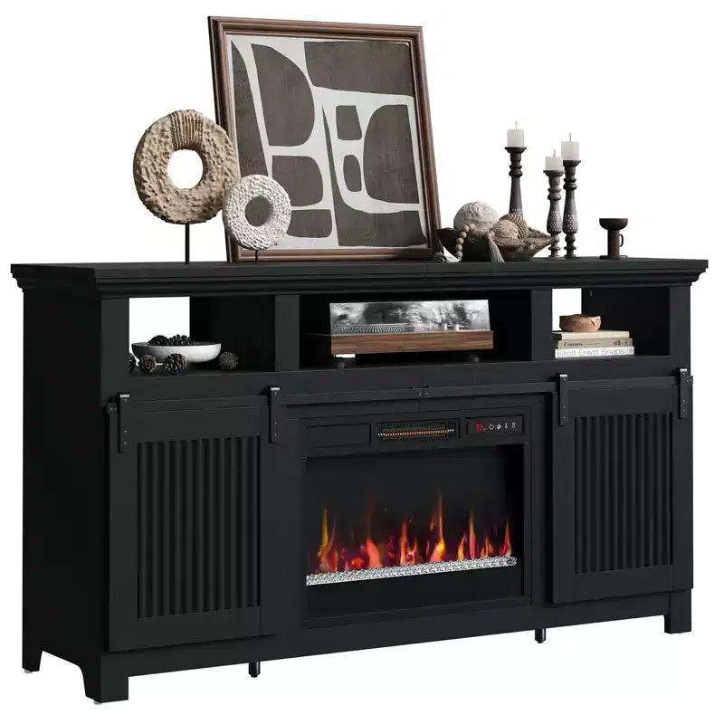 Meuble TV Bestier 61 avec cheminée pour téléviseurs jusqu'à 65 pouces, meuble de divertissement style ferme avec porte de grange et cheminée électrique de 23 pouces avec télécommande