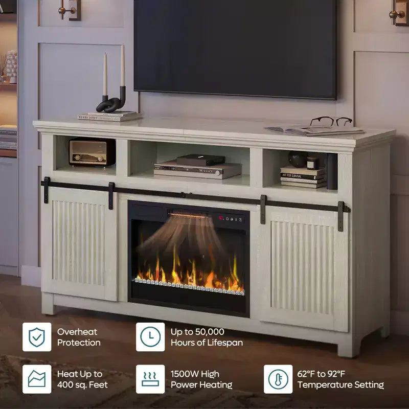Meuble TV Bestier 61 avec cheminée pour téléviseurs jusqu'à 65 pouces, meuble de divertissement style ferme avec porte de grange et cheminée électrique de 23 pouces avec télécommande