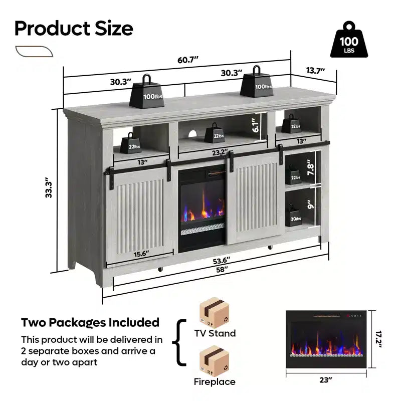 Meuble TV Bestier 61 avec cheminée pour téléviseurs jusqu'à 65 pouces, meuble de divertissement style ferme avec porte de grange et cheminée électrique de 23 pouces avec télécommande