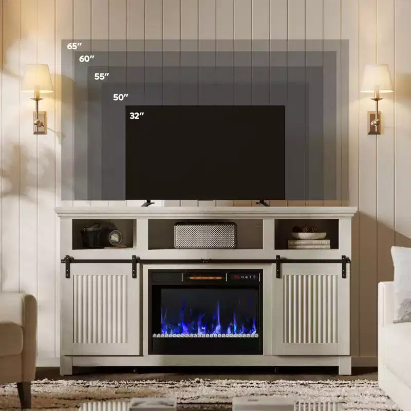 Meuble TV Bestier 61 avec cheminée pour téléviseurs jusqu'à 65 pouces, meuble de divertissement style ferme avec porte de grange et cheminée électrique de 23 pouces avec télécommande