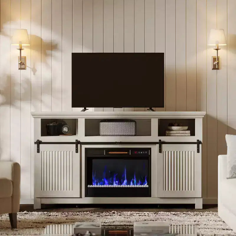 Meuble TV Bestier 61 avec cheminée pour téléviseurs jusqu'à 65 pouces, meuble de divertissement style ferme avec porte de grange et cheminée électrique de 23 pouces avec télécommande
