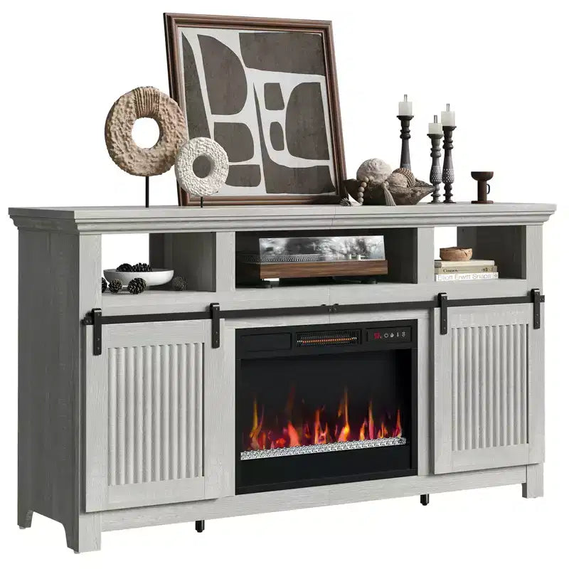 Meuble TV Bestier 61 avec cheminée pour téléviseurs jusqu'à 65 pouces, meuble de divertissement style ferme avec porte de grange et cheminée électrique de 23 pouces avec télécommande
