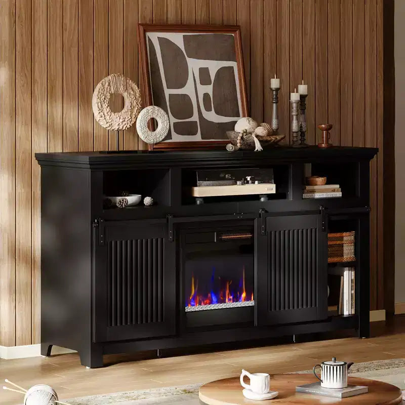 Meuble TV Bestier 61 avec cheminée pour téléviseurs jusqu'à 65 pouces, meuble de divertissement style ferme avec porte de grange et cheminée électrique de 23 pouces avec télécommande