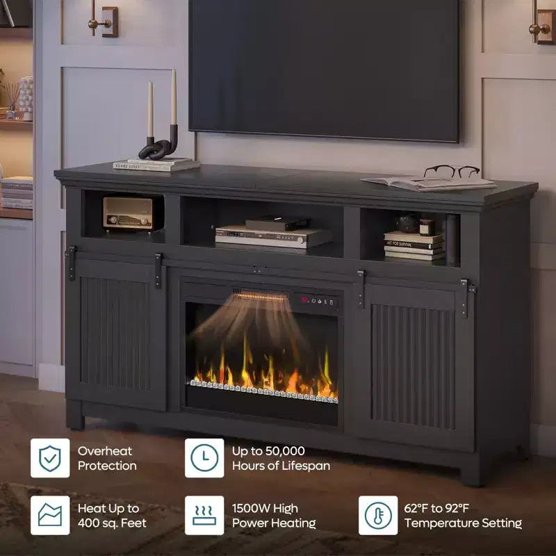 Meuble TV Bestier 61 avec cheminée pour téléviseurs jusqu'à 65 pouces, meuble de divertissement style ferme avec porte de grange et cheminée électrique de 23 pouces avec télécommande