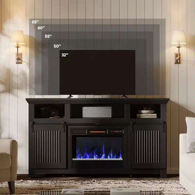 Meuble TV Bestier 61 avec cheminée pour téléviseurs jusqu'à 65 pouces, meuble de divertissement style ferme avec porte de grange et cheminée électrique de 23 pouces avec télécommande