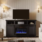 Meuble TV Bestier 61 avec cheminée pour téléviseurs jusqu'à 65 pouces, meuble de divertissement style ferme avec porte de grange et cheminée électrique de 23 pouces avec télécommande