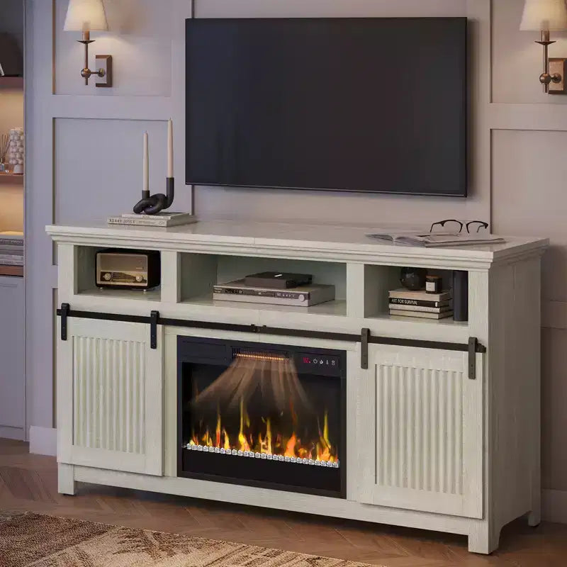 Meuble TV Bestier 61 avec cheminée pour téléviseurs jusqu'à 65 pouces, meuble de divertissement style ferme avec porte de grange et cheminée électrique de 23 pouces avec télécommande