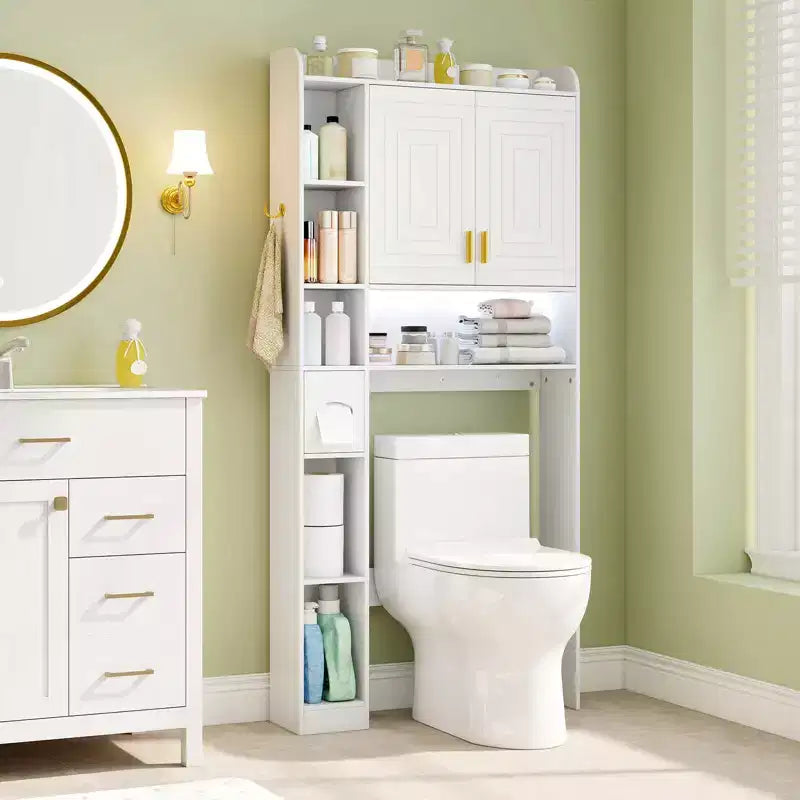 Étagère au-dessus des toilettes Meuble de rangement autoportant au-dessus des toilettes avec armoire à 2 portes Blanc/Marron/Gris