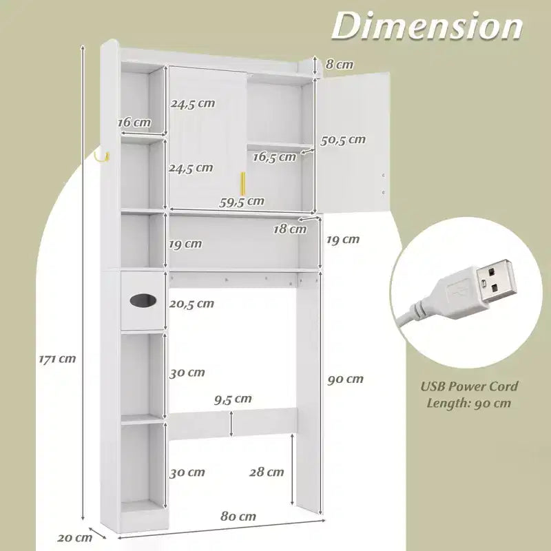 Étagère au-dessus des toilettes Meuble de rangement autoportant au-dessus des toilettes avec armoire à 2 portes Blanc/Marron/Gris