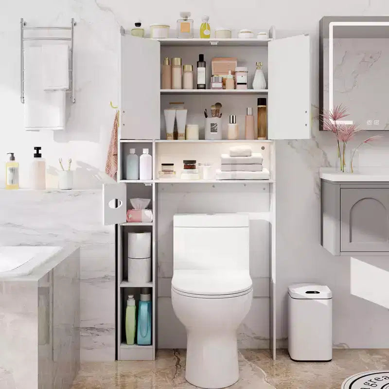 Étagère au-dessus des toilettes Meuble de rangement autoportant au-dessus des toilettes avec armoire à 2 portes Blanc/Marron/Gris