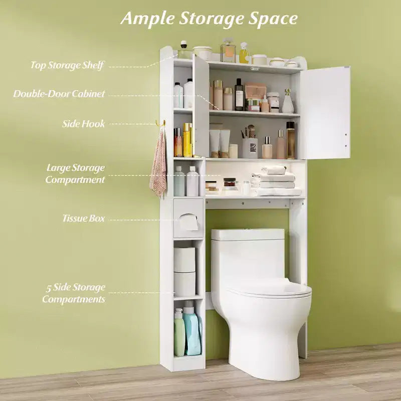 Étagère au-dessus des toilettes Meuble de rangement autoportant au-dessus des toilettes avec armoire à 2 portes Blanc/Marron/Gris