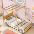 TUYOHW Twin/Full Size Car Bed with Piillow & Ceiling Cloth,Natural Canopy Bed for Kids,Solid Pine Wood Montessori Platform Bed with Slats Support