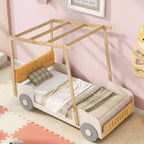 TUYOHW Twin/Full Size Car Bed with Piillow & Ceiling Cloth,Natural Canopy Bed for Kids,Solid Pine Wood Montessori Platform Bed with Slats Support