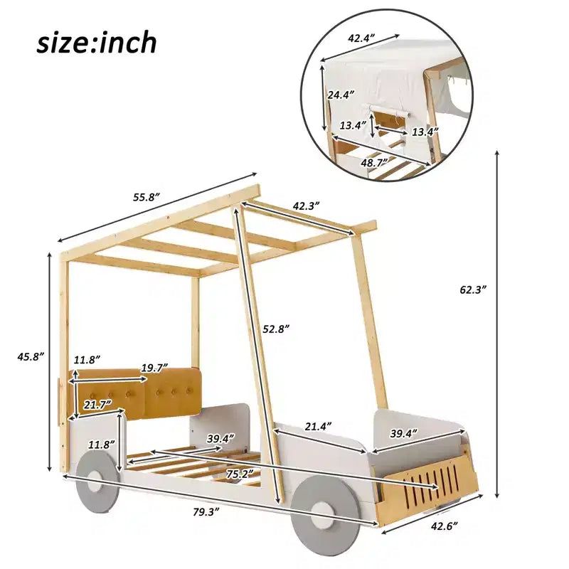 Lit de voiture double/complet TUYOHW avec oreiller et tissu de plafond, lit à baldaquin naturel pour enfants, lit plateforme Montessori en bois de pin massif avec support à lattes