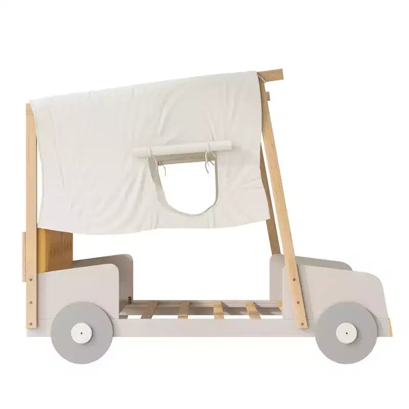 Lit de voiture double/complet TUYOHW avec oreiller et tissu de plafond, lit à baldaquin naturel pour enfants, lit plateforme Montessori en bois de pin massif avec support à lattes