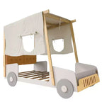 Lit de voiture double/complet TUYOHW avec oreiller et tissu de plafond, lit à baldaquin naturel pour enfants, lit plateforme Montessori en bois de pin massif avec support à lattes
