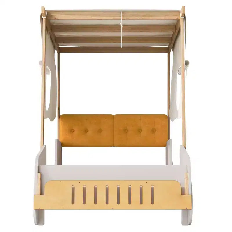 Lit de voiture double/complet TUYOHW avec oreiller et tissu de plafond, lit à baldaquin naturel pour enfants, lit plateforme Montessori en bois de pin massif avec support à lattes