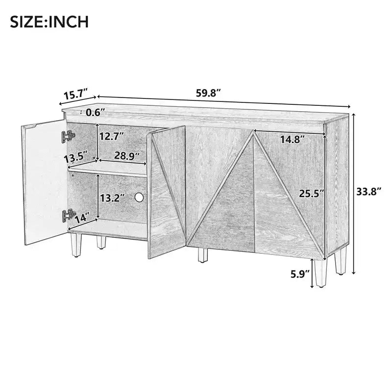 TUYOHW 60 Buffet bicolore, en placage de bois vieilli, avec 4 portes, étagères réglables, charnières à fermeture amortie, pour salle à manger, cuisine