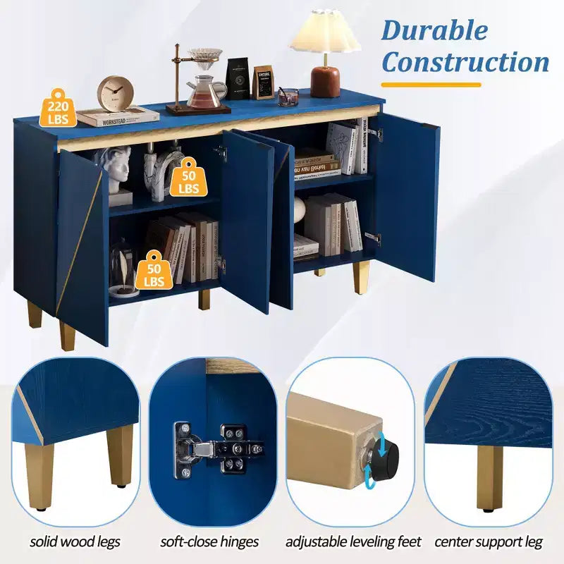TUYOHW 60 Buffet bicolore, en placage de bois vieilli, avec 4 portes, étagères réglables, charnières à fermeture amortie, pour salle à manger, cuisine