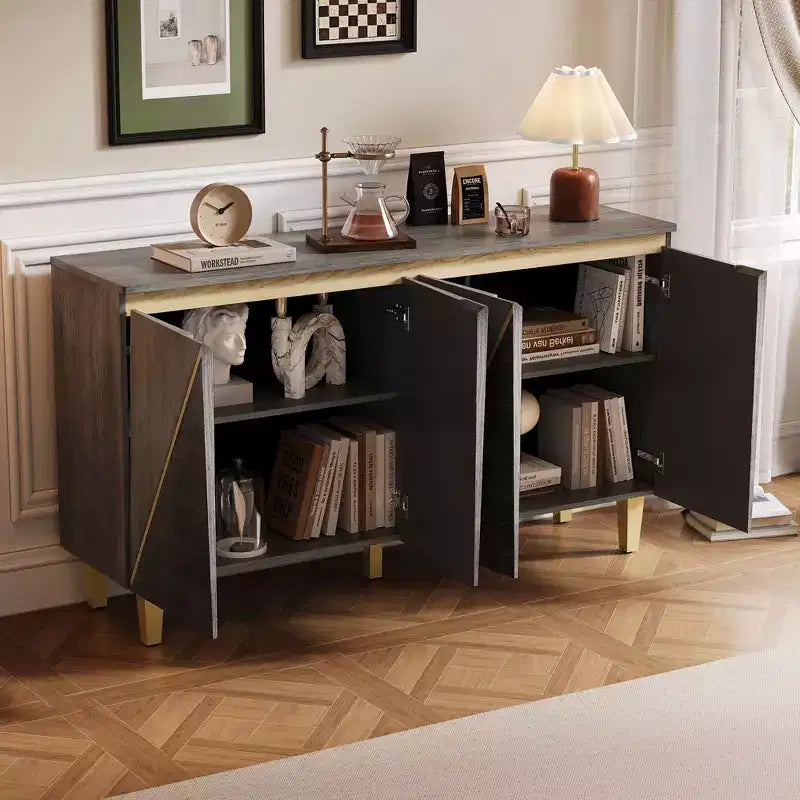TUYOHW 60 Buffet bicolore, en placage de bois vieilli, avec 4 portes, étagères réglables, charnières à fermeture amortie, pour salle à manger, cuisine