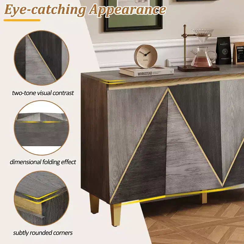 TUYOHW 60 Buffet bicolore, en placage de bois vieilli, avec 4 portes, étagères réglables, charnières à fermeture amortie, pour salle à manger, cuisine