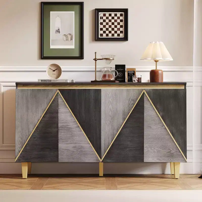 TUYOHW 60 Buffet bicolore, en placage de bois vieilli, avec 4 portes, étagères réglables, charnières à fermeture amortie, pour salle à manger, cuisine
