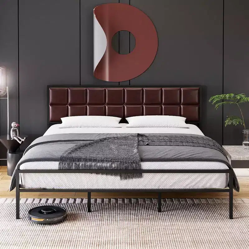 Upholstered Metal Bed Frame with Square-Stitched Headboard, Faux Leather Platform Bed with Steel Slats Support, Box Spring Optional, Red Brown