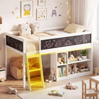 Lit mezzanine enfant Costway avec lumières LED, tableau noir et bibliothèque amovible, barrière de sécurité