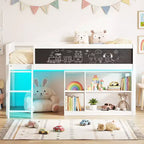 Lit mezzanine enfant Costway avec lumières LED, tableau noir et bibliothèque amovible, barrière de sécurité
