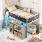 Lit mezzanine enfant Costway avec lumières LED, tableau noir et bibliothèque amovible, barrière de sécurité