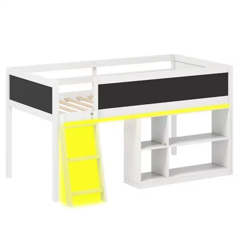 Lit mezzanine enfant Costway avec lumières LED, tableau noir et bibliothèque amovible, barrière de sécurité