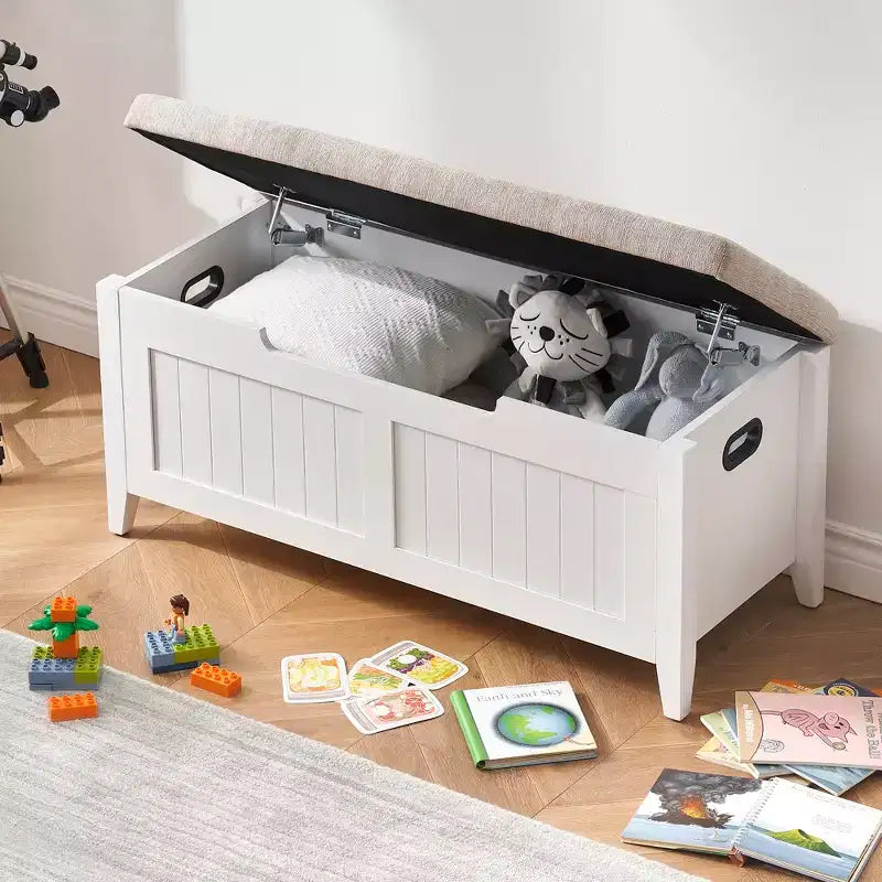 Banc de rangement en bois de 39,4 pouces avec coussin, banc à chaussures pour entrée avec couvercle relevable et coffre de salon, montage facile, capacité de 260 lb, charnières de sécurité