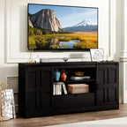Meuble TV JVNOXK pour téléviseur 65 pouces, centre de divertissement moderne du milieu du siècle avec portes de grange coulissantes, noir